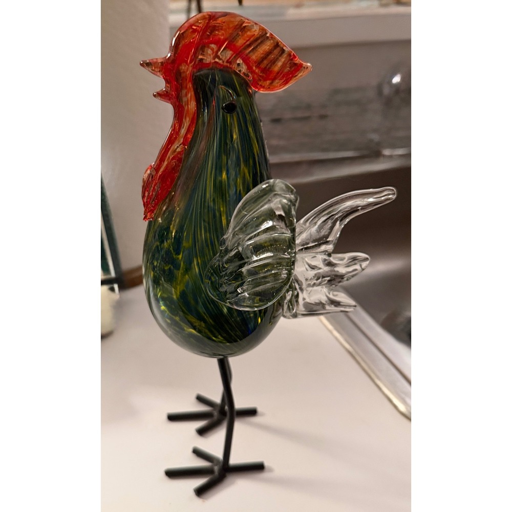 Hand Blown Glass Rooster Figurine Red Comb Green Body Clear Wings Metal Stand